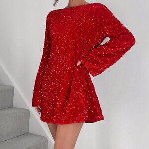 Red Party Women's Sequin Embellished Round Neck Long Sleeve Mini Dress